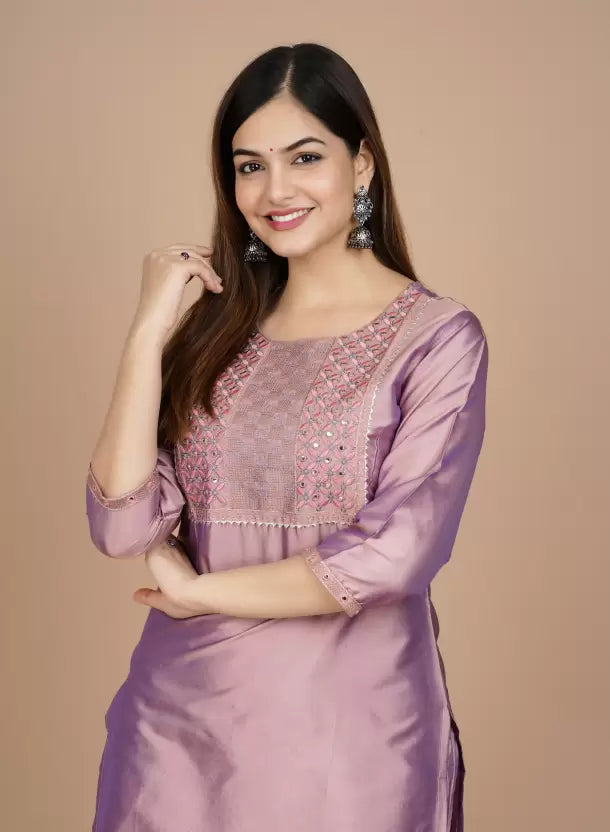 Women Art Silk Lavender Kurta and Pant Set