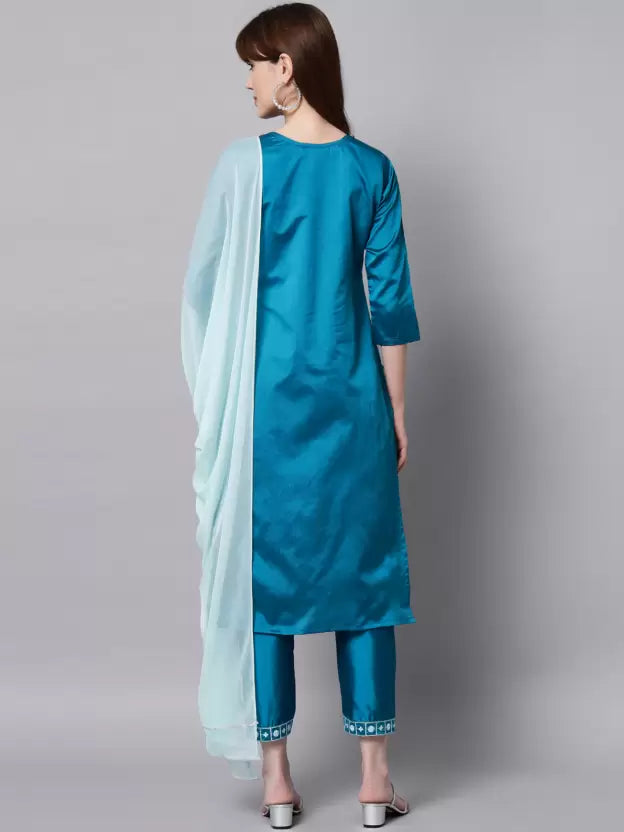 Women Art Silk Green Kurta Pant And Dupatta Set