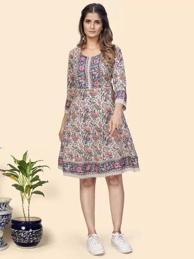Women Beige Printed Pure Cotton Flared Dress