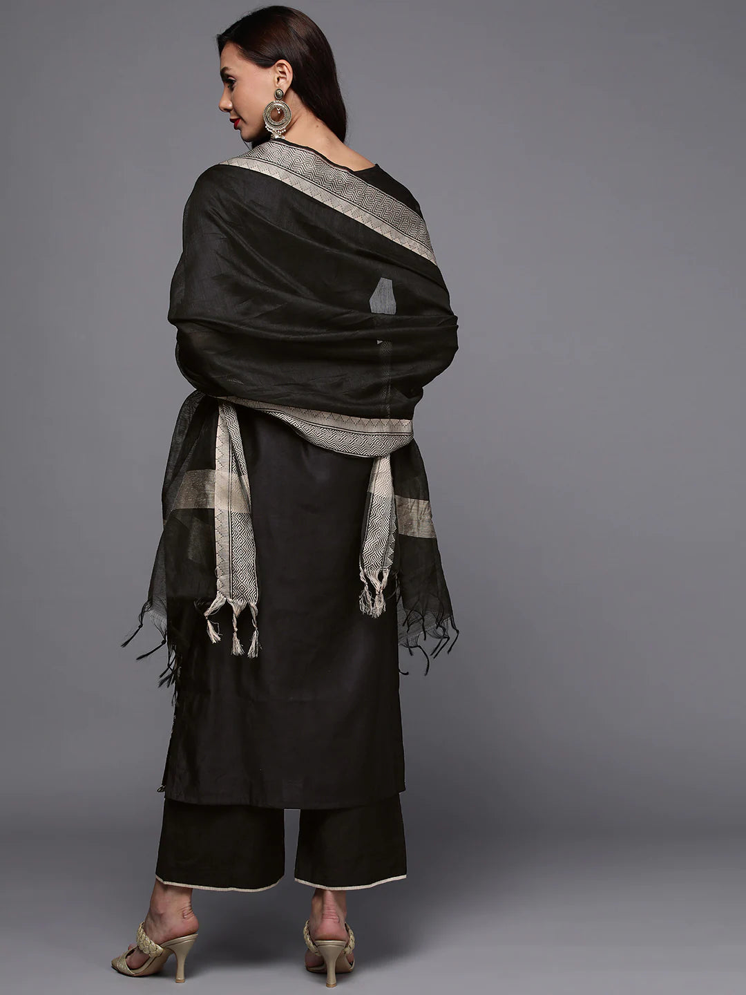 Women Black Embroidered Sequinned Liva Kurta with Palazzos & With Dupatta