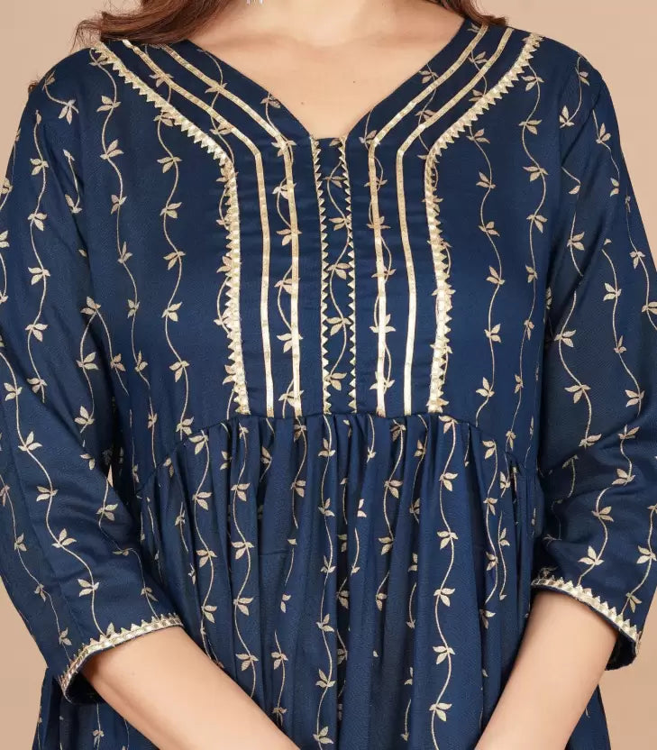 Women Cotton Rayon Navy Blue & Gold Kurta Sharara set