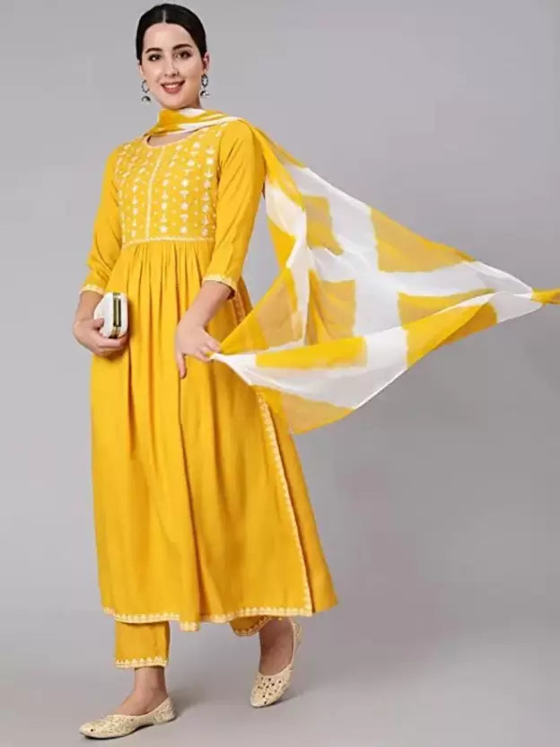 Women Yellow Embroidered Kurta set with Dupatta