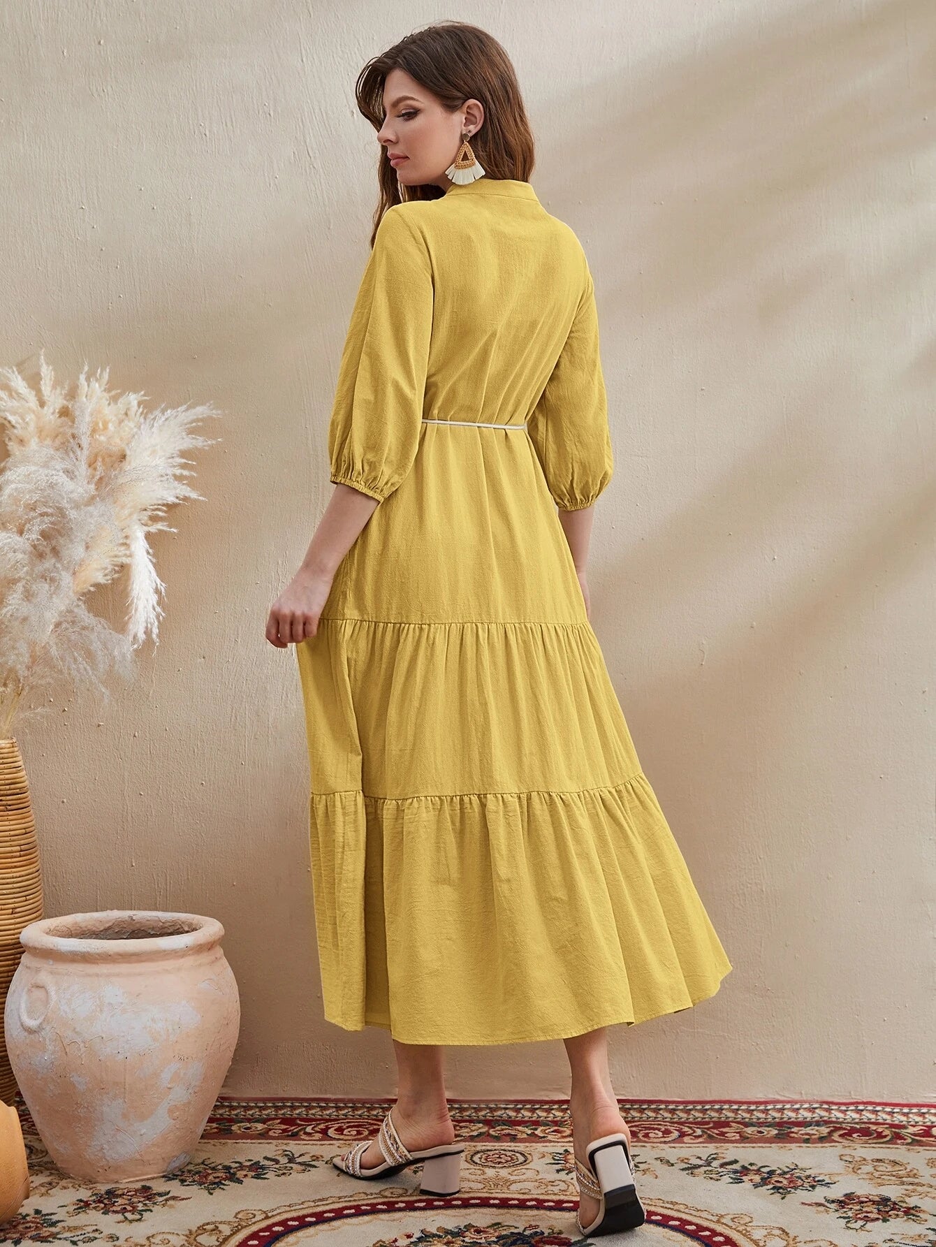 Women Lantern Sleeve Tassel Detail Ruffle Hem Belted Dress