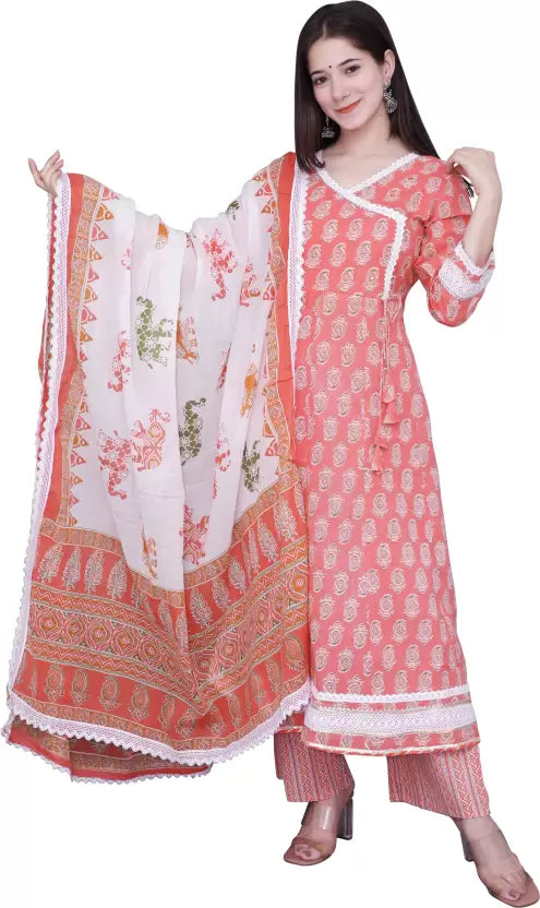 Women Cotton Printed Anarkali Kurta, Bottom & Dupatta Set