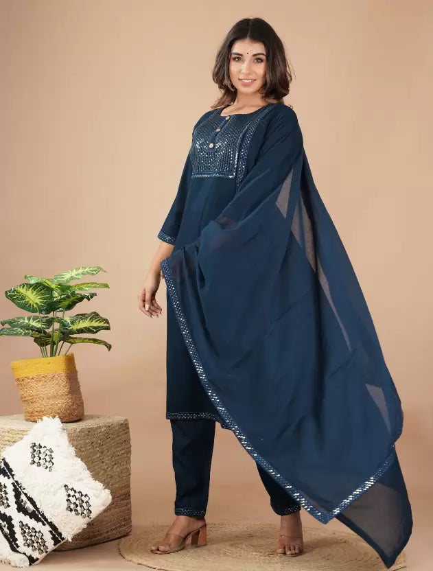 Women Blue Viscose Rayon Embroidered Kurta and Palazzo Set