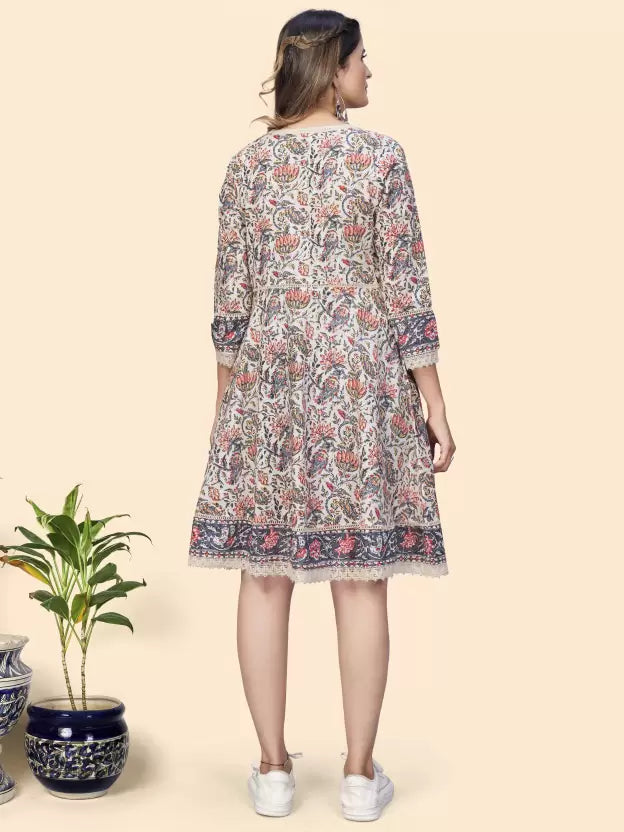 Women Beige Printed Pure Cotton Flared Dress