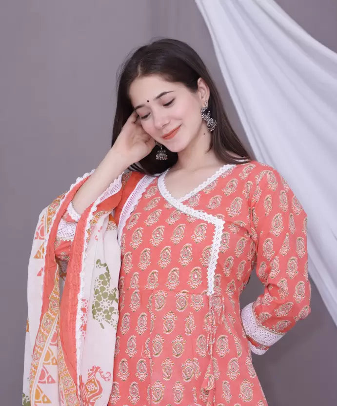 Women Cotton Printed Anarkali Kurta, Bottom & Dupatta Set