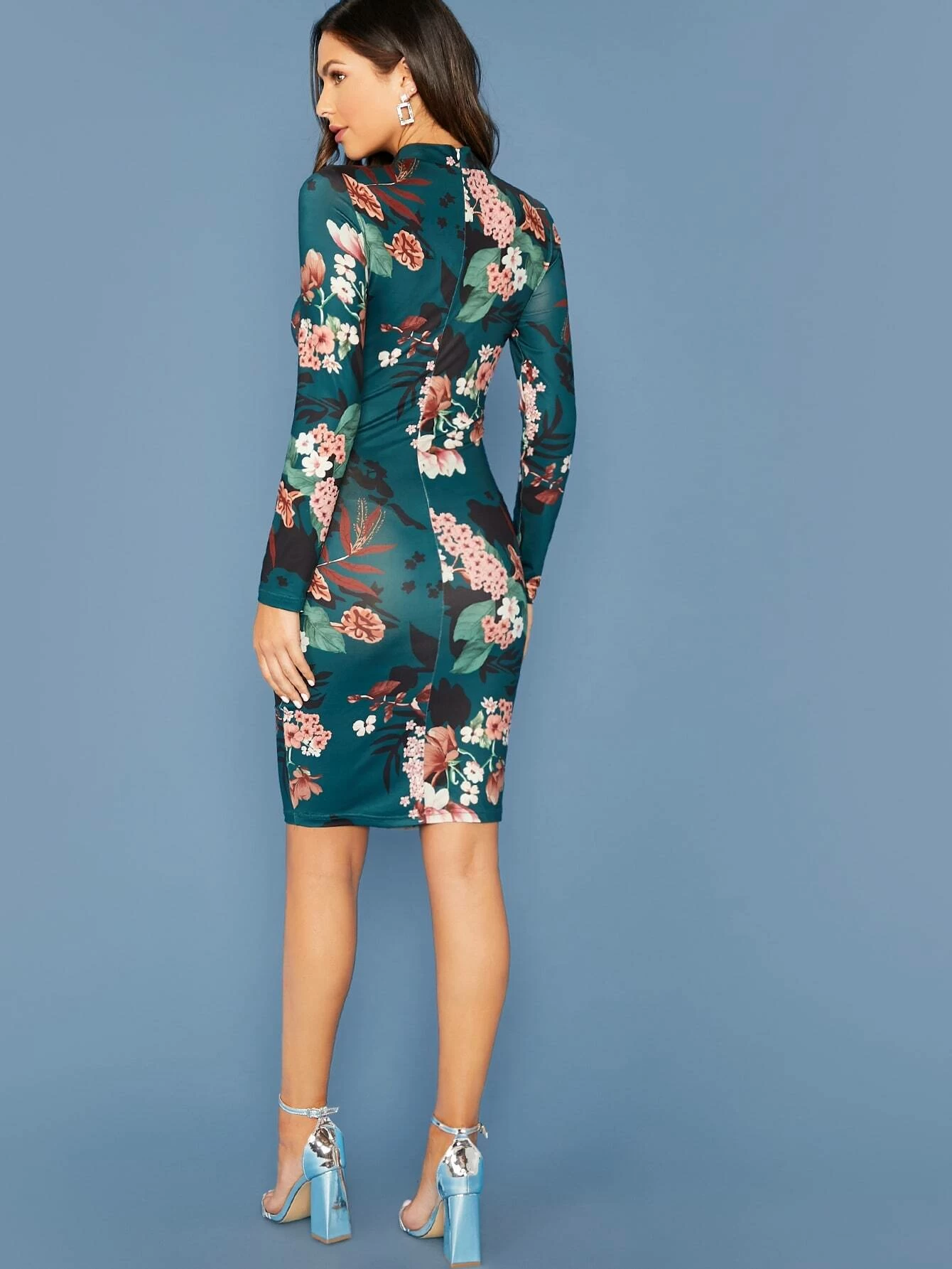 Botanical Print Mock-neck Bodycon Dress