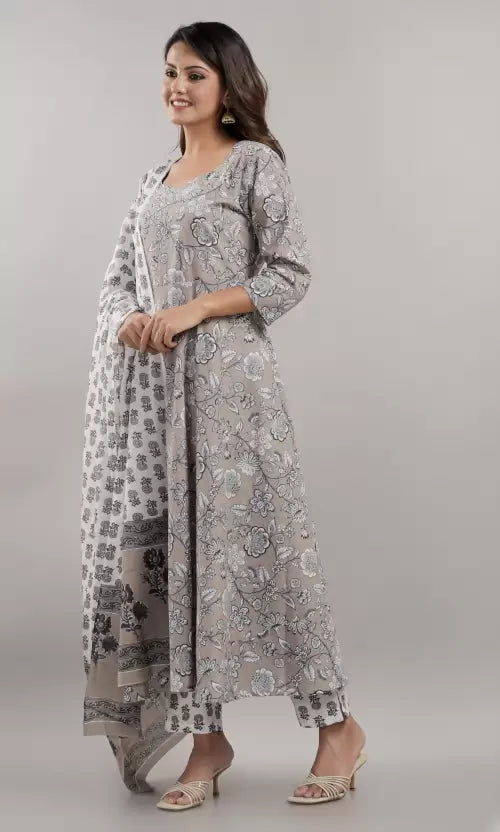Floral Print Anarkali Kurta Bottom & Dupatta Set