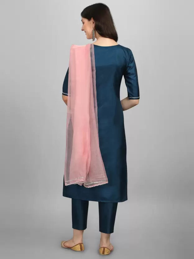 Women Art Silk Green Kurta Pant And Dupatta Set