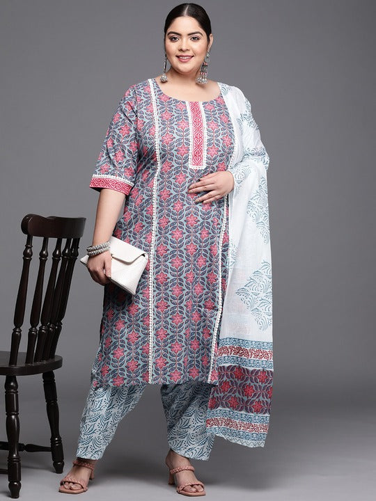 Plus Size Women Blue Floral Motifs Printed Pure Cotton Kurta Set