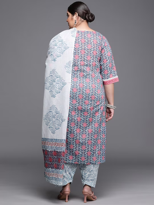 Plus Size Women Blue Floral Motifs Printed Pure Cotton Kurta Set