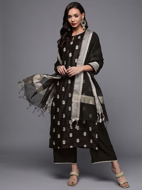 Women Black Embroidered Sequinned Liva Kurta with Palazzos & With Dupatta