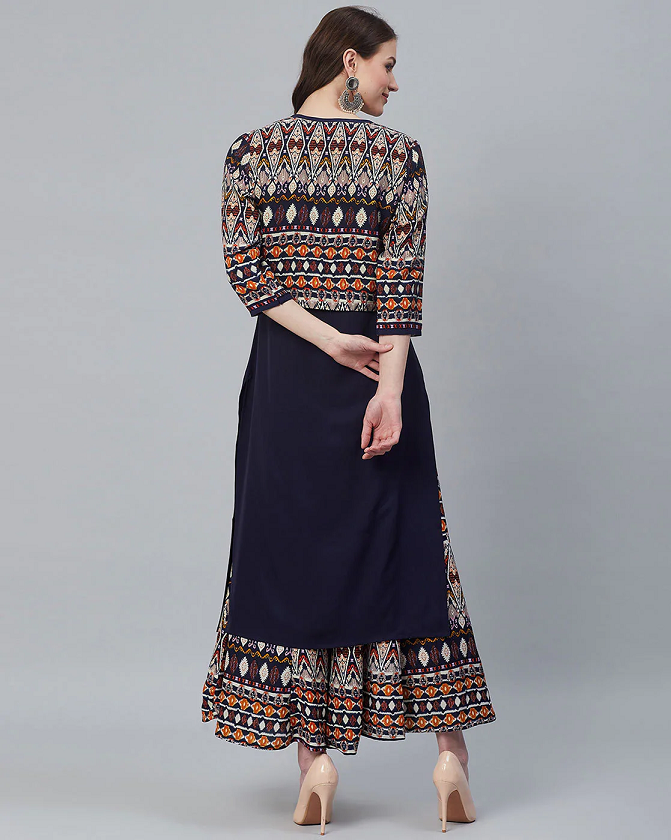 Women Ethnic Printed Straight Kurta Set with Shrug