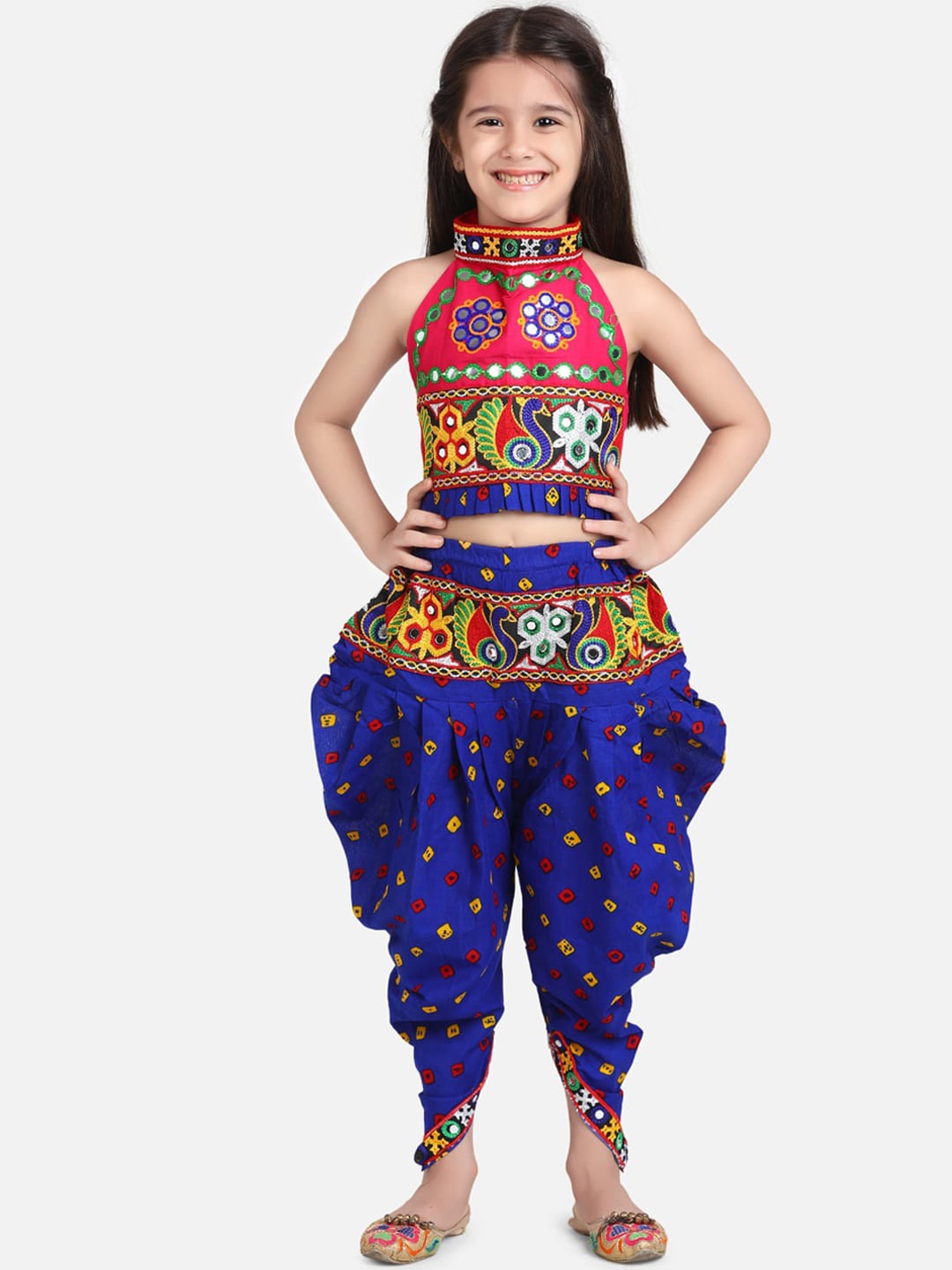Kids Blue Embroidered Top with Dhoti Pants