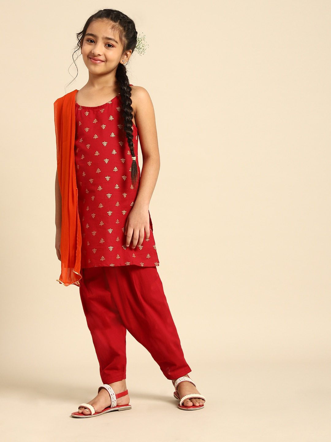 Girls Maroon Printed Pure Cotton Kurti Set