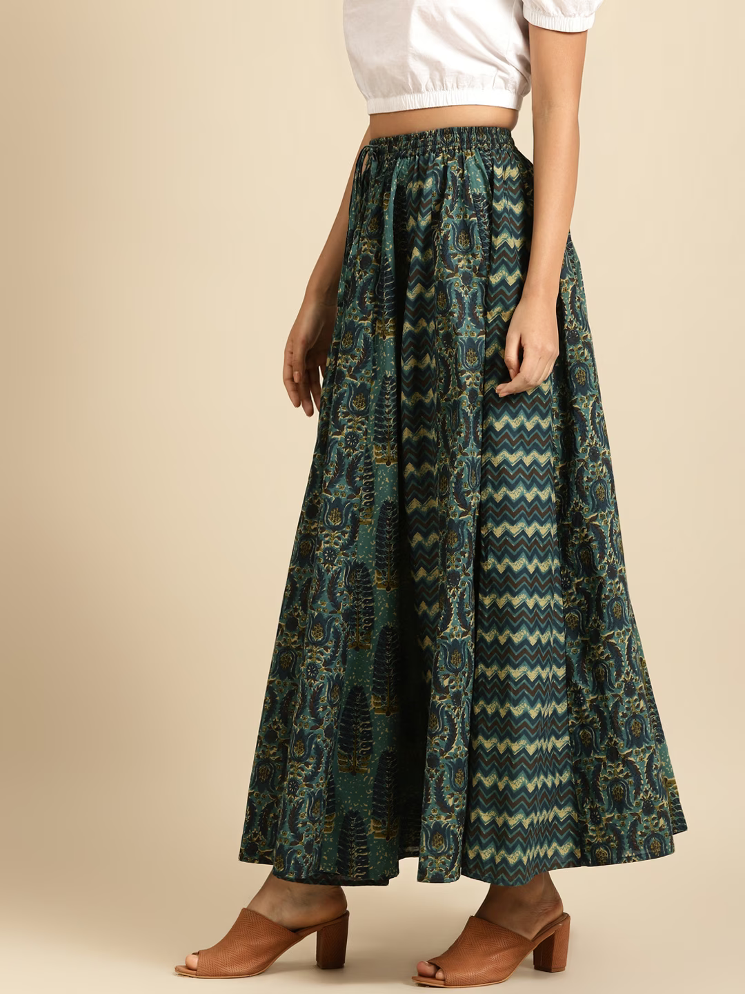 Green & Beige Printed Pure Cotton Maxi Flared Skirt