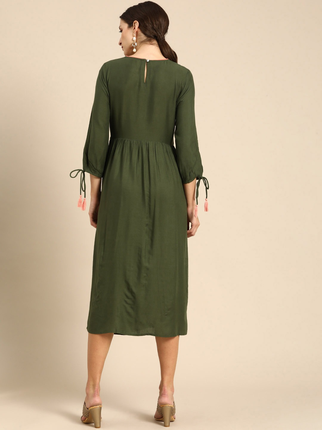 Green Ethnic Embroidered Ethnic Midi Dress