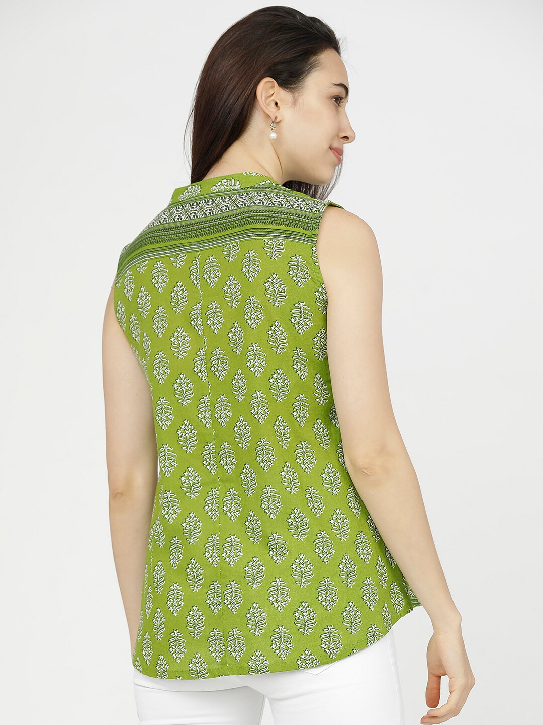 Green Floral Mandarin Collar A-Line Top