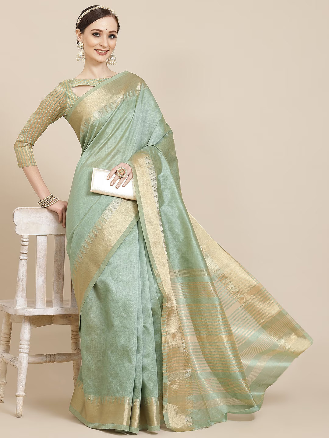 Green & Golden Solid Woven Design Saree