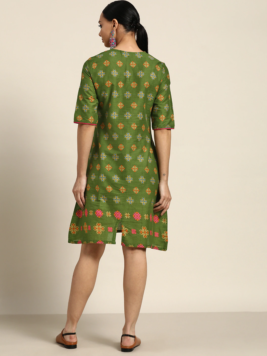 Green & Beige Pure Cotton Printed Dress