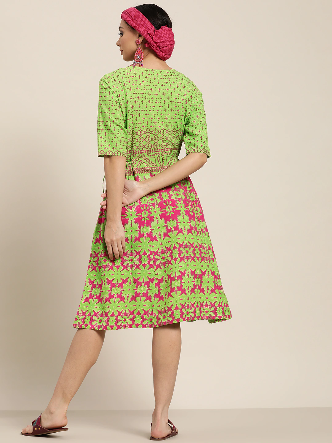 Green & Pink Ethnic A-Line Dress