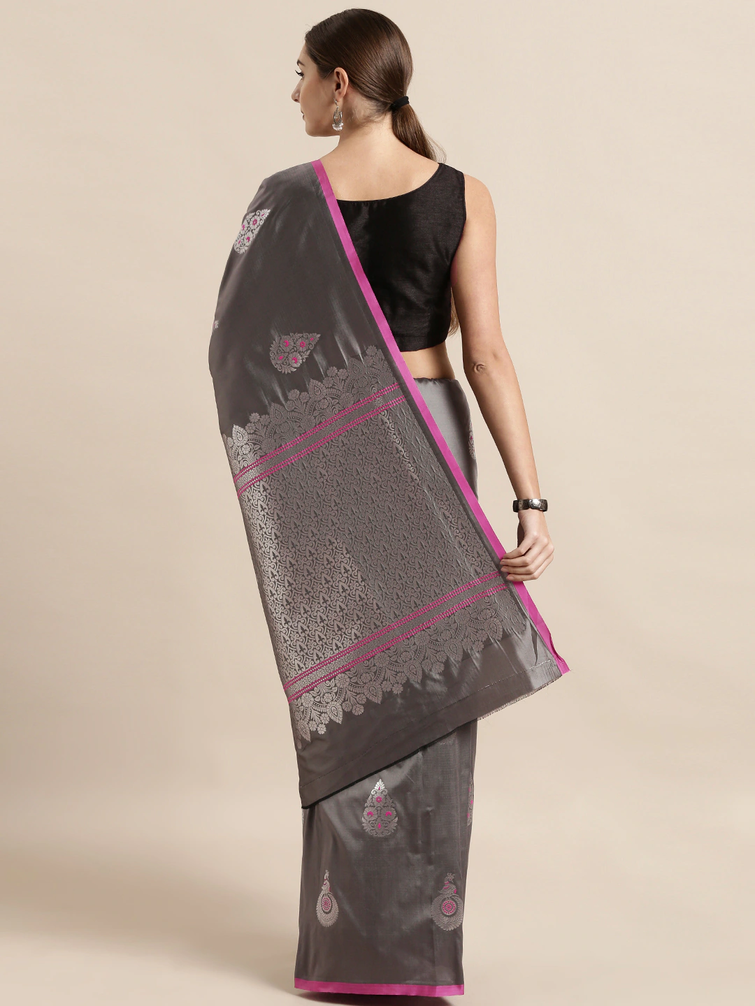 Grey Silk Blend Woven Saree