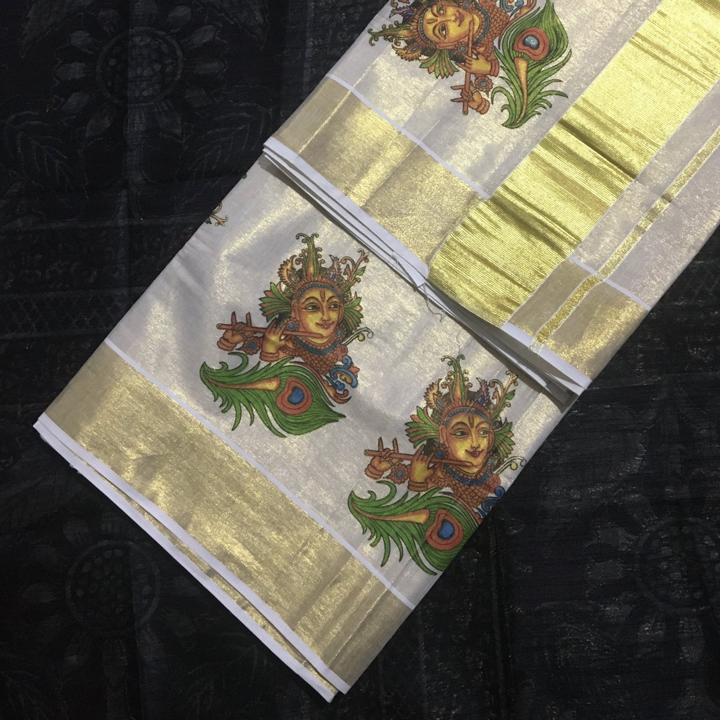 Tissue Silk Kerala Kasavu Saree Colorful Krishna Print