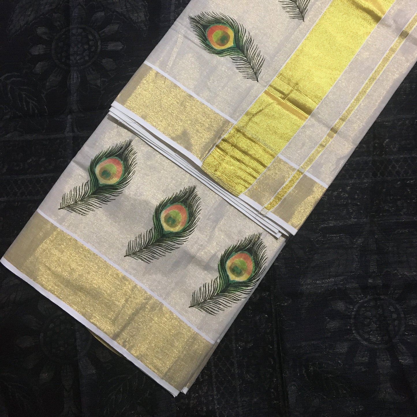 Tissue Silk Kerala Kasavu Saree Colorful Peacock Feather Print