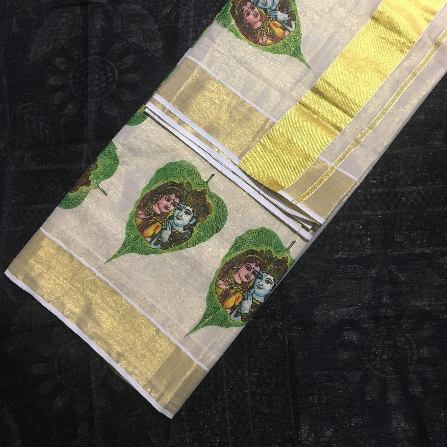 Tissue Silk Kerala Kasavu Saree Colorful Krishna Print