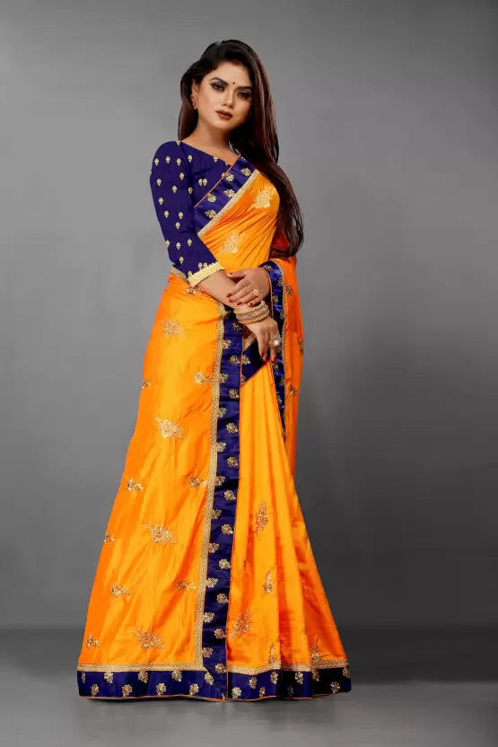 Embroidered Kanjivaram Mustard Silk Blend Saree