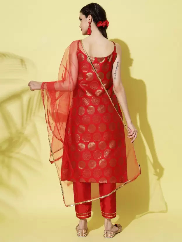 Women Silk Blend Kurta, Pant And Net Dupatta Set