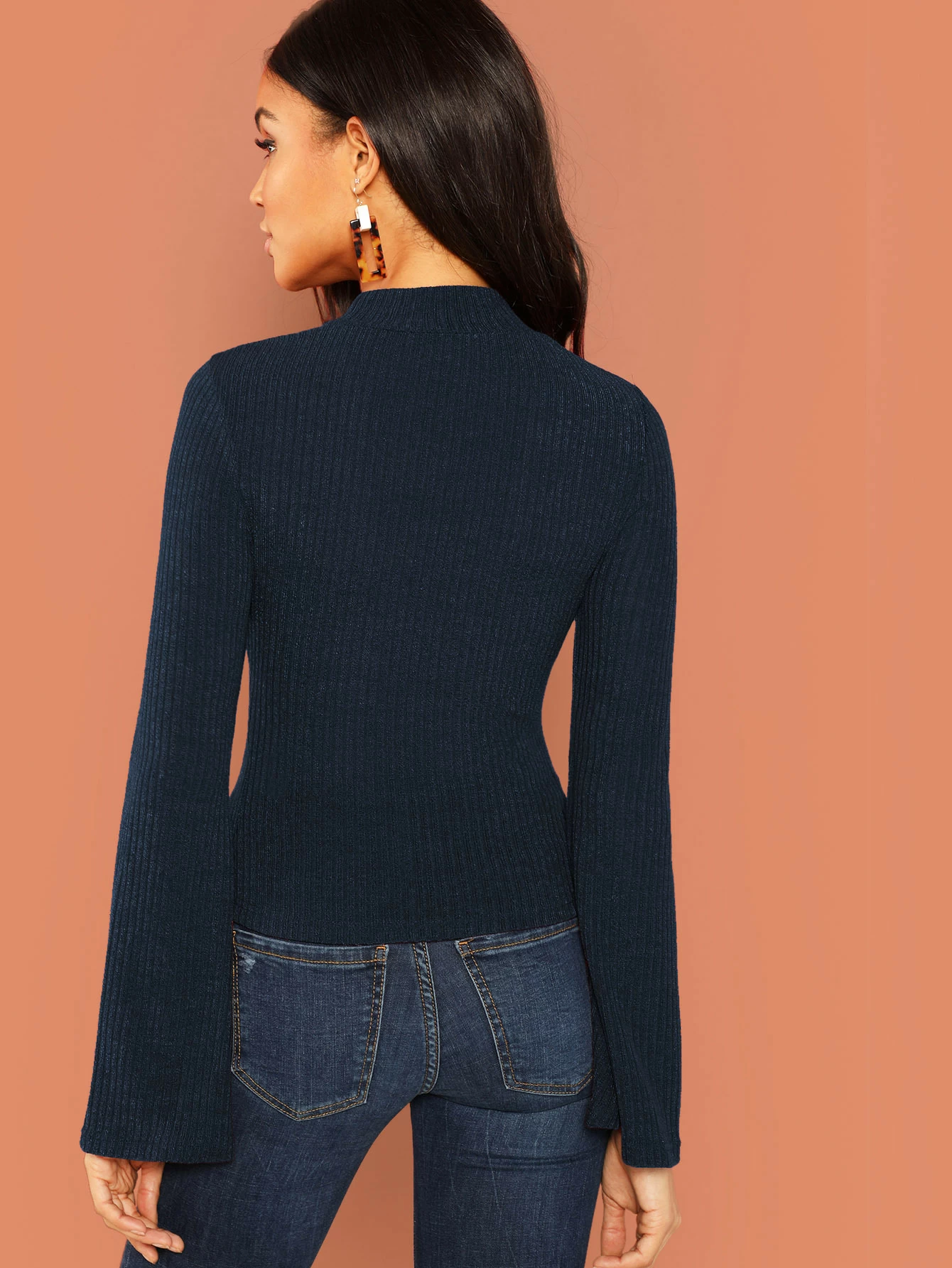 Mock-neck Fluted Sleeve Ribbed Knit Tee