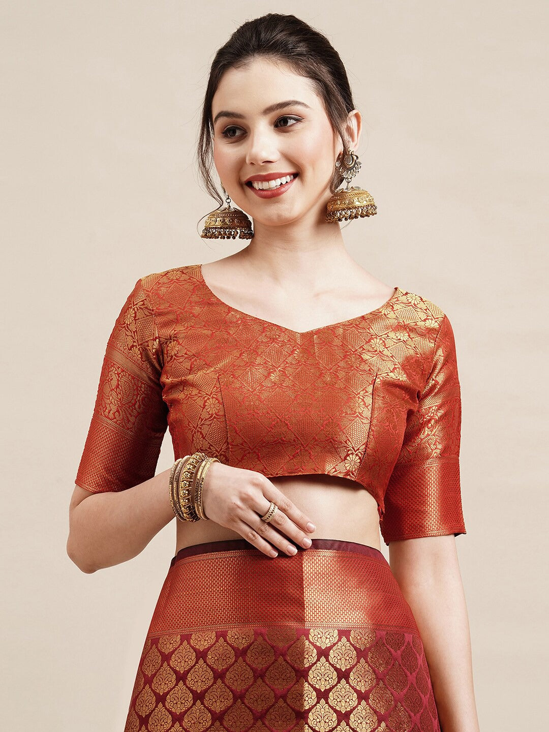 Maroon & Gold Toned Ethnic Motifs Zari Silk Blend Banarasi Saree