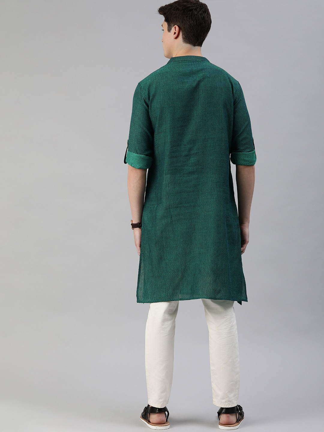Men Green Woven Straight Kurta