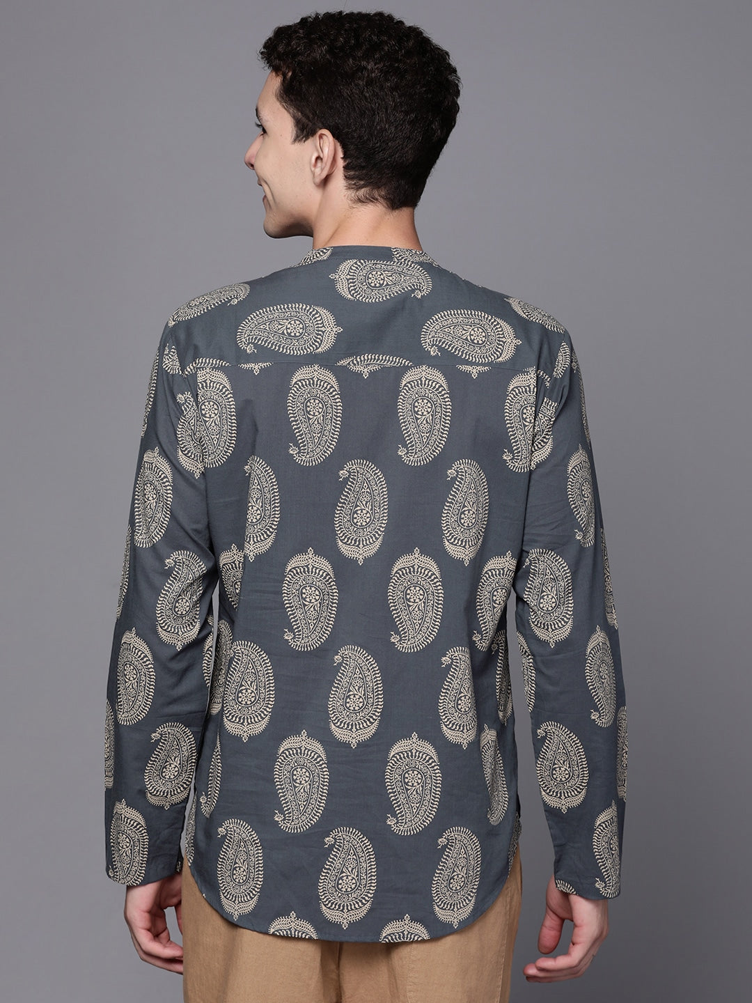 Men Grey Cotton Kalamkari Print Kurta