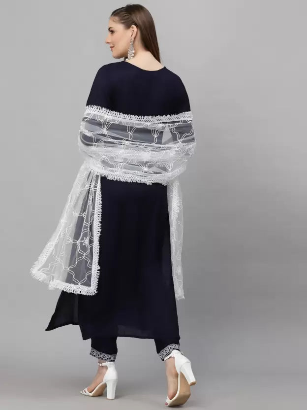 Blue Embroidered Kurta set with Lace Dupatta