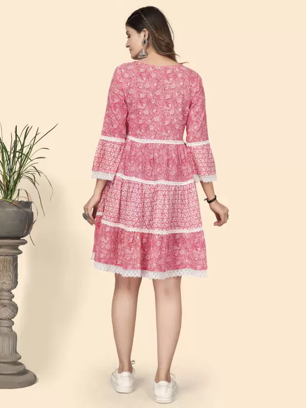Women Pink Printed Pure Cotton Flared Dress