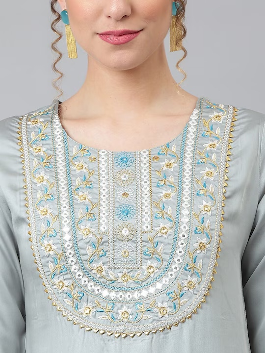 Women Floral Embroidered Sequined Kurta with Palazzos & Dupatta