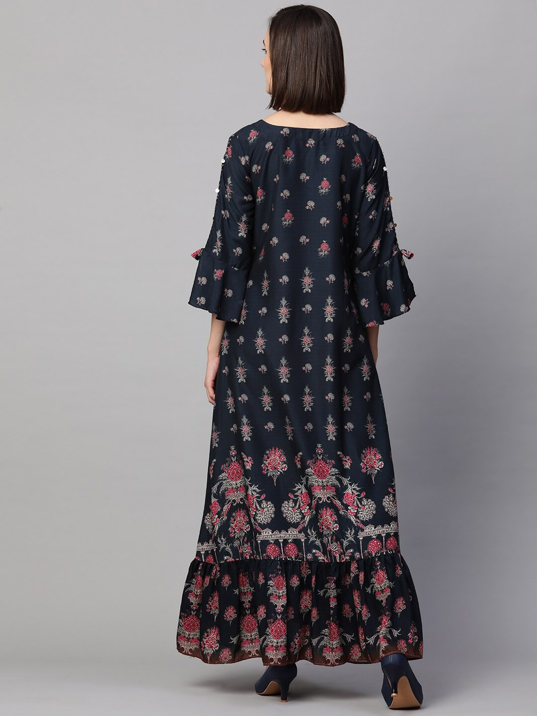 Navy Blue Ethnic Motifs Maxi Dress