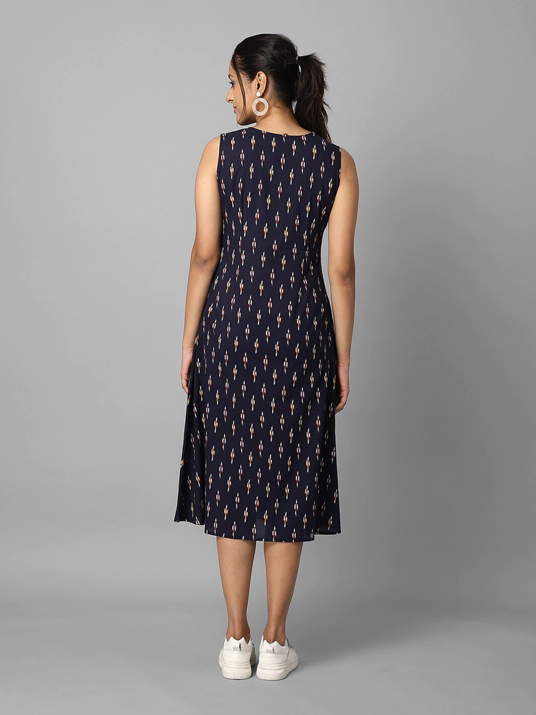 Navy Blue Ikkat Print A-Line Regular Fit Cotton Dress