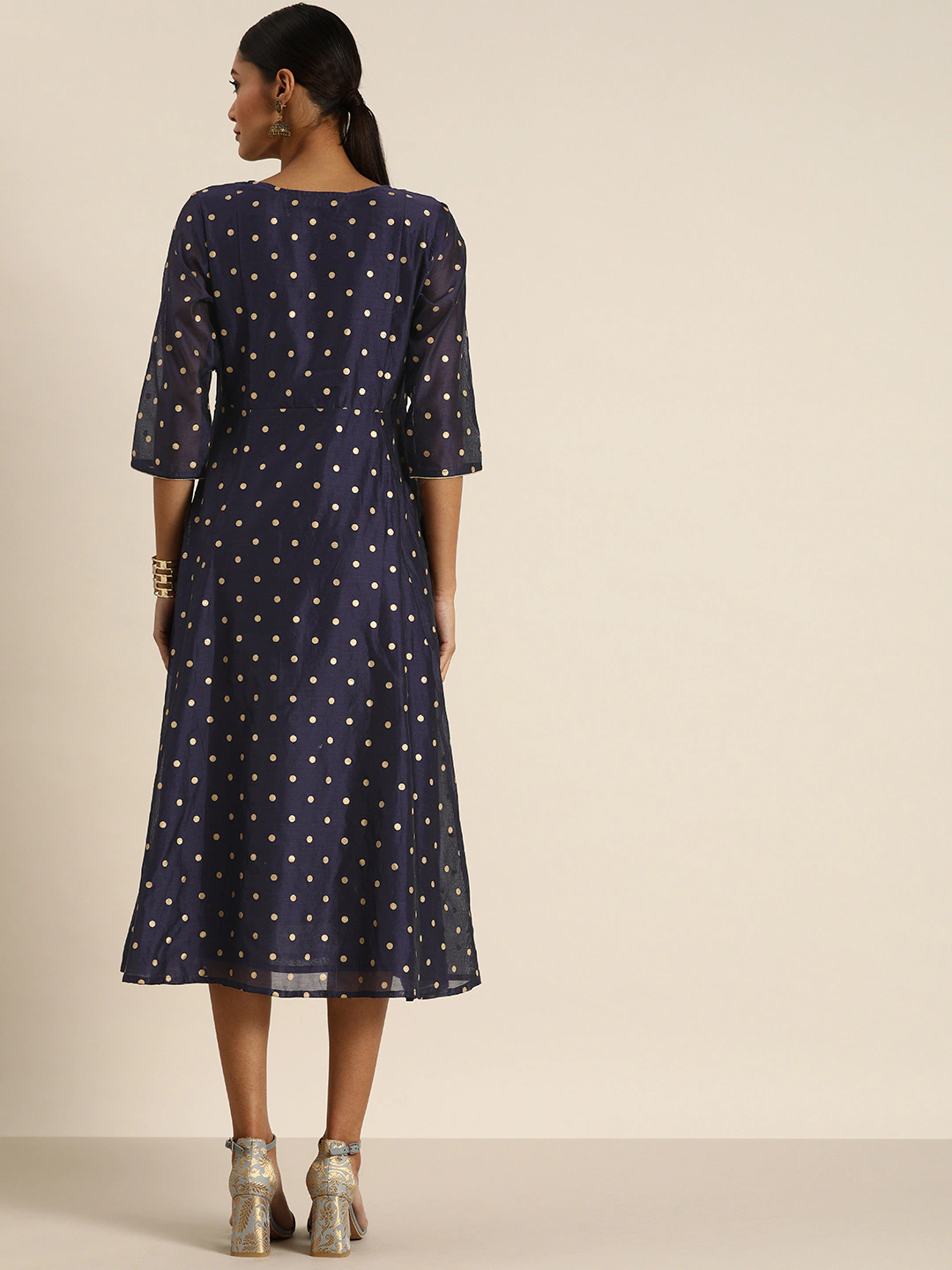 Navy Blue & Gold-Toned Midi Dress