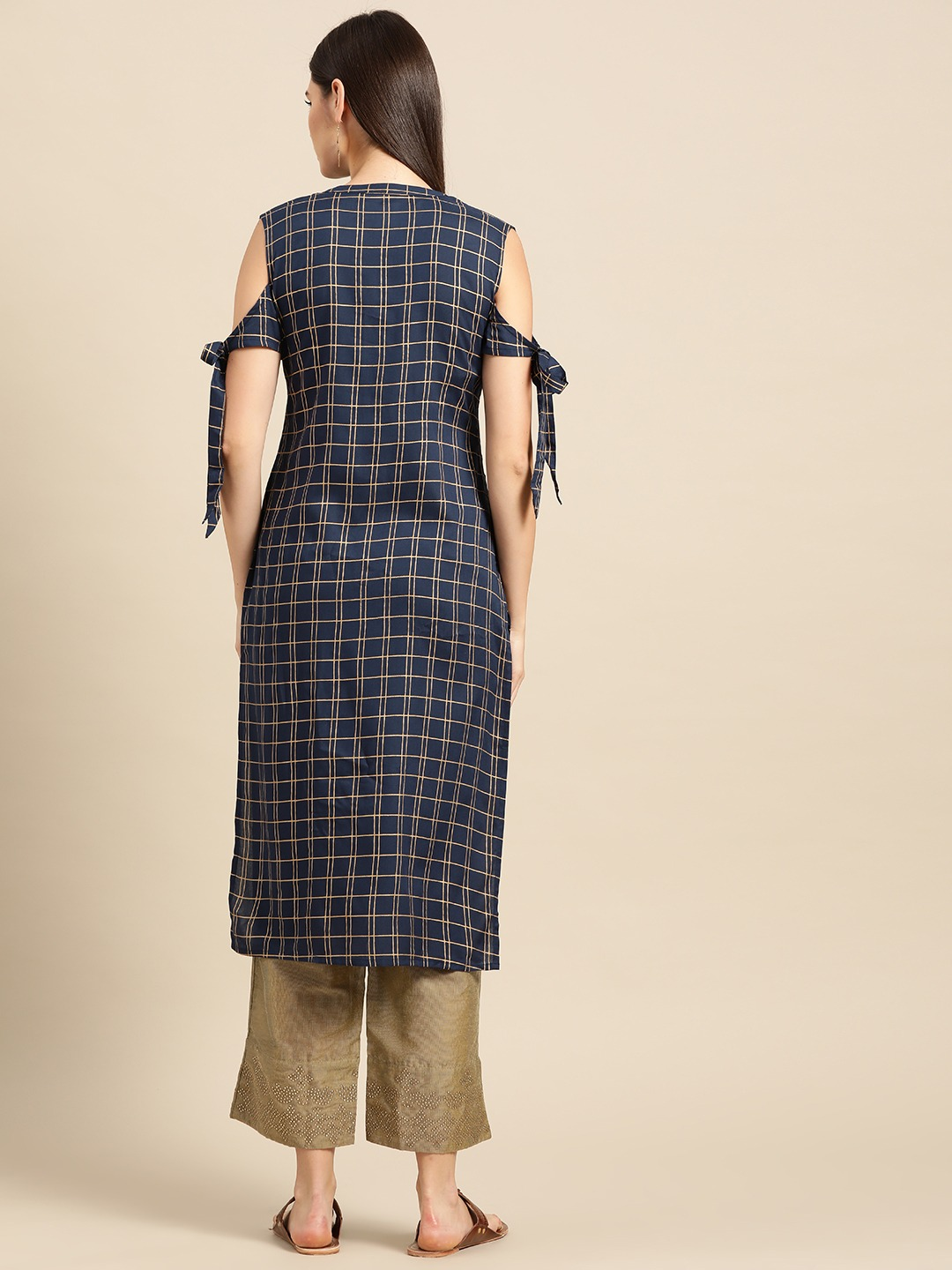Navy Blue Checked Cotton Kurta Top