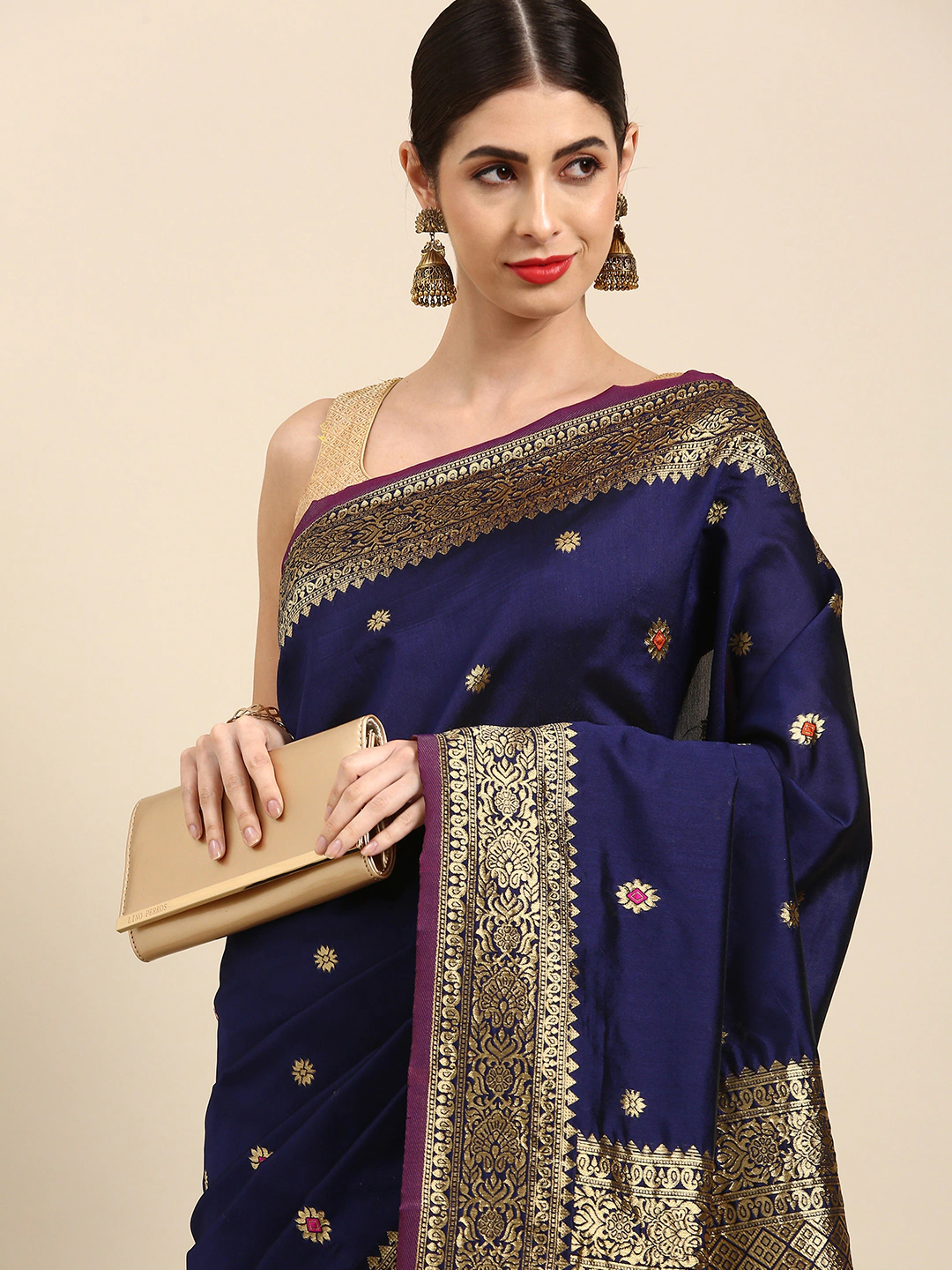 Navy Blue & Golden Motifs Kanjeevaram Silk Saree