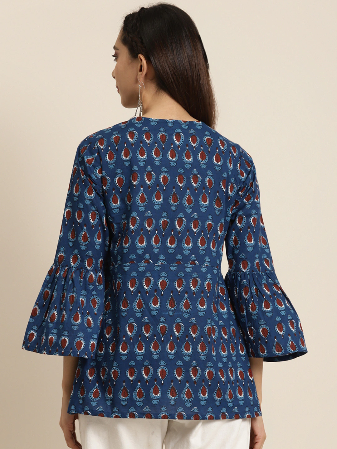 Navy Blue Blue Printed Bell Sleeves Top
