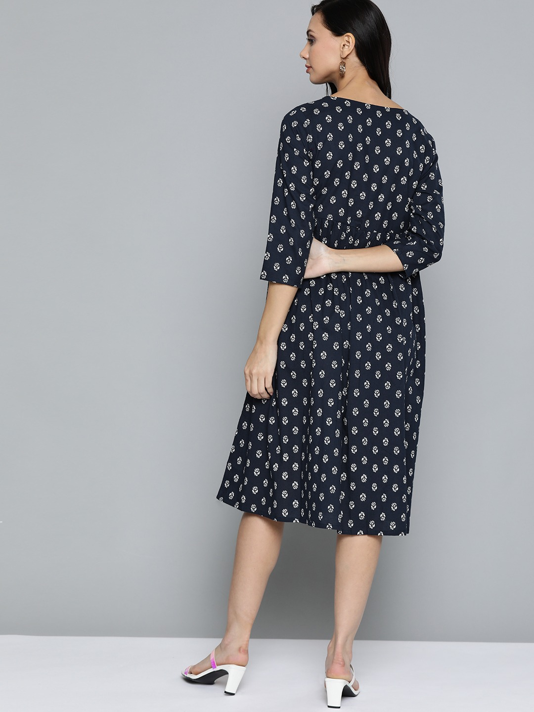 Navy Blue & White A-Line Midi Dress