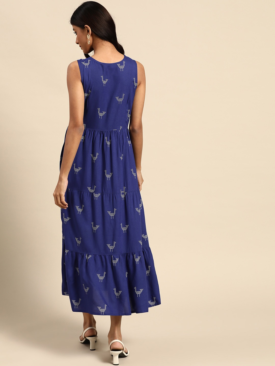 Navy Blue & White A-Line Midi Dress
