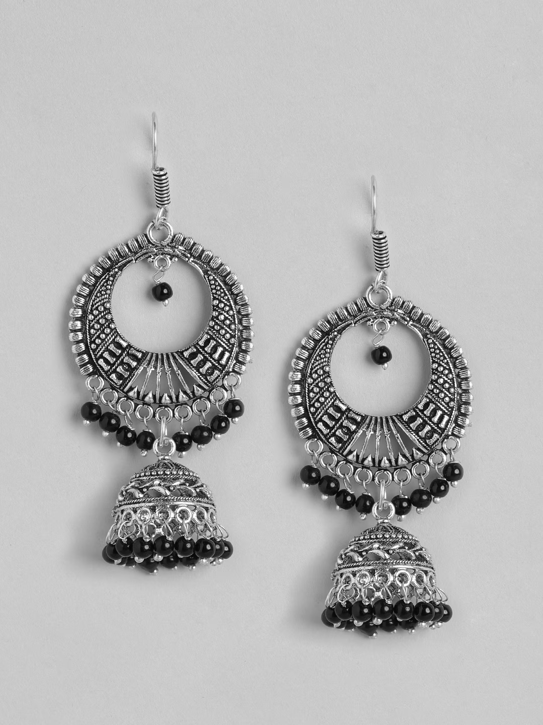 Oxidised Silver-Toned & Black Beaded Dome Shaped Drop Earrings