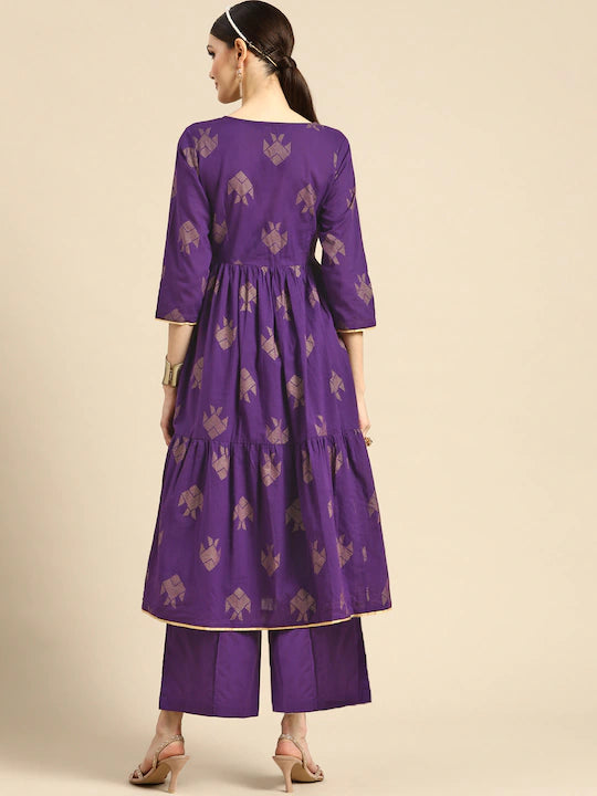 Women Cotton Purple Tier A-line Kurta set