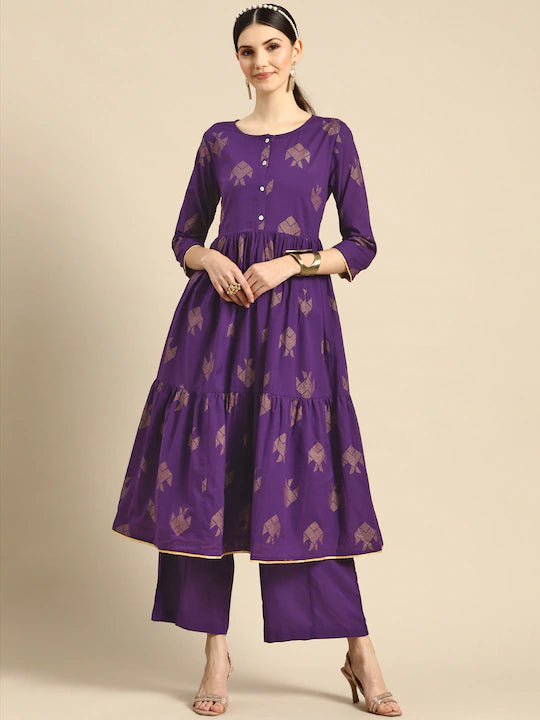 Women Cotton Purple Tier A-line Kurta set